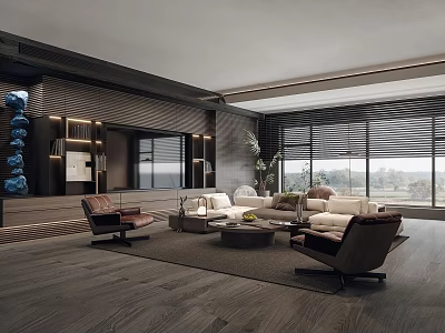 Modern Living Room Interior Design With Sofa Coffee Table Armchairs And Large Windows 3d model