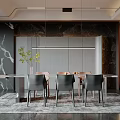 Elegant Modern Restaurant Dining Table With Chairs Marble Wall And Wine Cabinet Rug