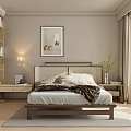 Modern Bedroom Interior With Wooden Bed Frame Bedside Lamp Wall Art And Curtains