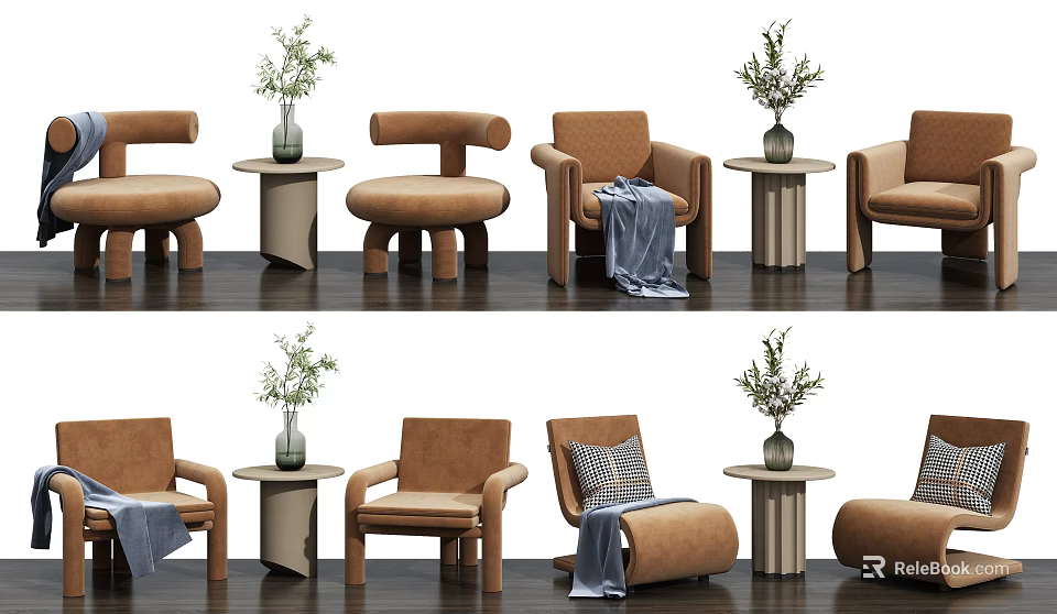 Modern Table And Chair Set With Side Tables Vase Plants And Throw Blanket 3d model 