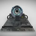 Futuristic Sci Fi Portal Device With Circular Ring Blue Neon Lights And Metal Platform