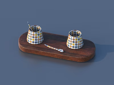 Wooden Tray With Two Colorful Patterned Jars And Small Spoons For Daily Use 3d model