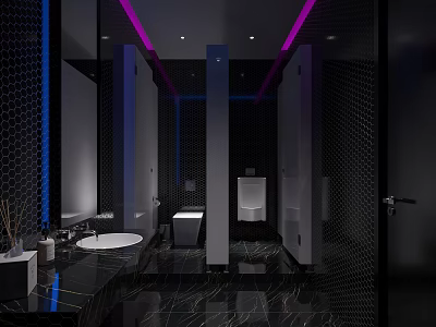 Modern Public Restroom Interior Design With LED Lighting Mirrors And Black Tiles 3d model