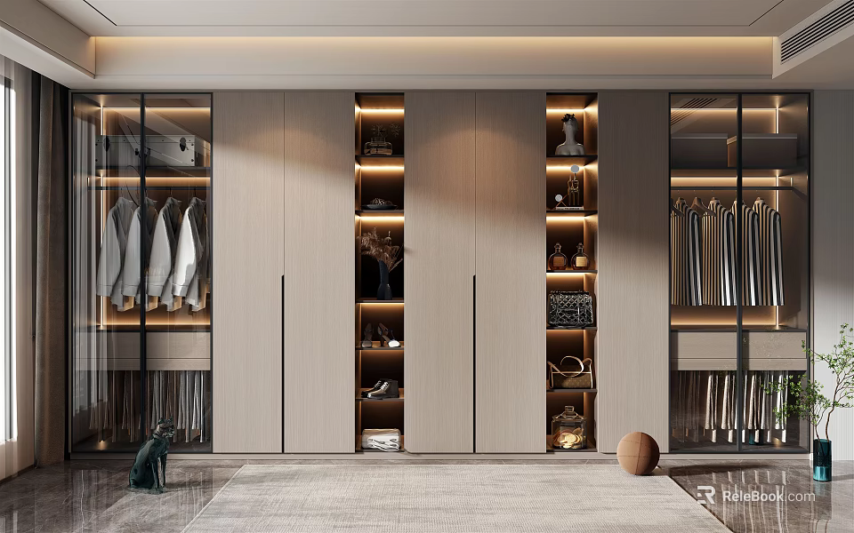 Modern Elegant Wardrobe Interior Design With Glass Doors Wooden Panels And Built in Lighting 3d model 