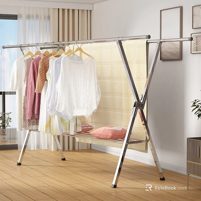 Stainless Steel Foldable Clothes Drying Rack With Hanging Clothes For Indoor Use 3d model 