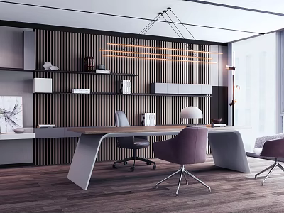 Modern Office Desk With Wooden Surface Striped Wall Purple Chairs And Pendant Lights 3d model