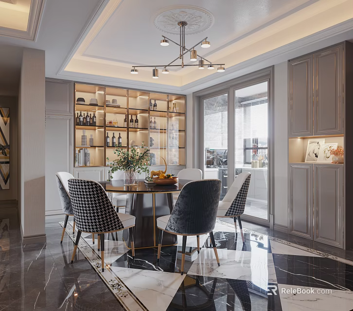 Modern Luxury Restaurant Interior With Round Dining Table Chairs Chandelier And Wine Display Shelves 3d model 