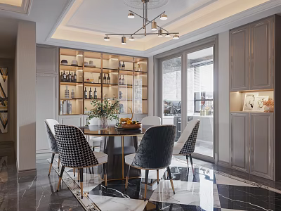 Modern Luxury Restaurant Interior With Round Dining Table Chairs Chandelier And Wine Display Shelves 3d model
