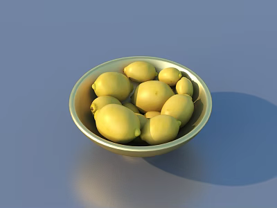 Fresh Ripe Lemons Arranged in a Shiny Golden Bowl on Blue Surface 3d model