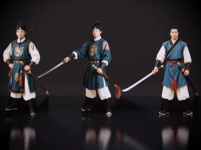 Three Ancient Warrior Game Film Characters In Traditional Blue Outfits Holding Swords And Whips 3d model