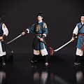Three Ancient Warrior Game Film Characters In Traditional Blue Outfits Holding Swords And Whips