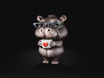 Grey Hippo Doll Wearing Glasses Holding White Cup With Red Heart On Black Background 3d model