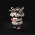 Grey Hippo Doll Wearing Glasses Holding White Cup With Red Heart On Black Background