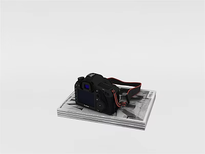 Black Digital Camera With Red Strap On Gray Platform And Blue Screen 3d model