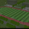 Green Football Field With Red Track Surrounded By Trees And Light Poles