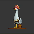 Cartoon Goose In Red Hat Yellow Accents Brown Belt On Orange Base With Treasure Chest