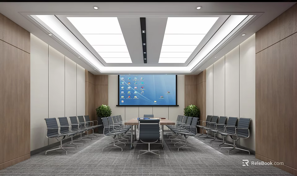 Modern Conference Room Interior With Large Screen Conference Table Chairs And Plants 3d model 