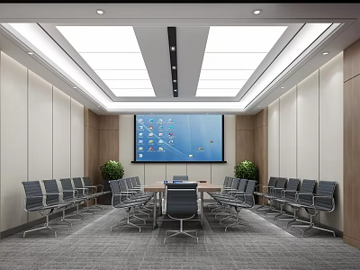 Modern Conference Room Interior With Large Screen Conference Table Chairs And Plants 3d model