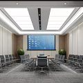Modern Conference Room Interior With Large Screen Conference Table Chairs And Plants