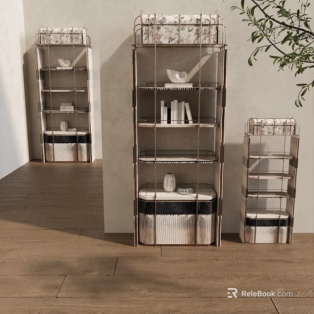 Modern Metal Frame Decorative Cabinet With Multiple Shelves And Storage Baskets In Living Space 3d model 
