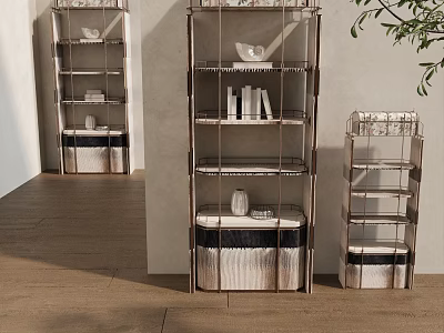 Modern Metal Frame Decorative Cabinet With Multiple Shelves And Storage Baskets In Living Space 3d model