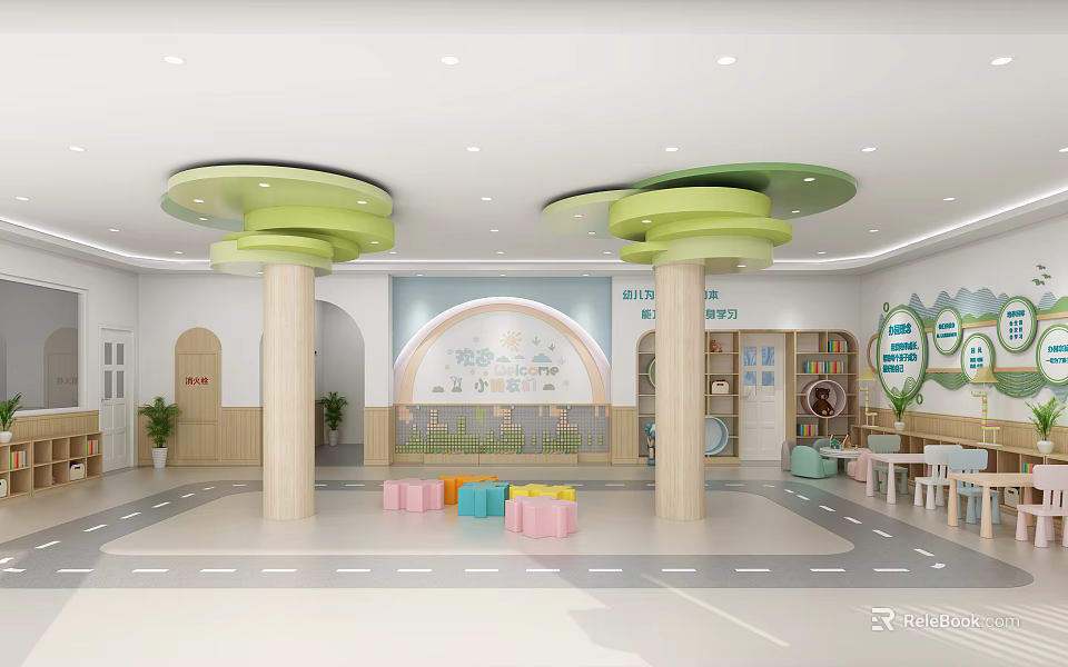 Kindergarten Interior With Green Circular Ceiling Decor Colorful Stools And Educational Murals 3d model