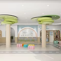 Kindergarten Interior With Green Circular Ceiling Decor Colorful Stools And Educational Murals 3d model