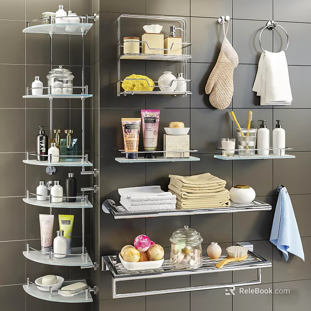 Bathroom Accessories Organized on Multi-Tier Glass Shelves with Storage Jars and Towels 3d model 