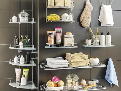 Bathroom Accessories Organized on Multi-Tier Glass Shelves with Storage Jars and Towels 3d model