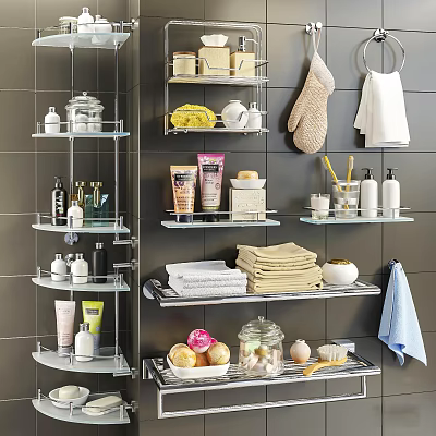 Bathroom Accessories Organized on Multi-Tier Glass Shelves with Storage Jars and Towels 3d model