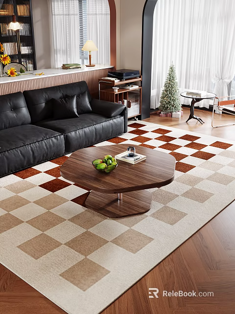 Round Wooden Coffee Table On Checkerboard Rug With Fruits Book And Black Leather Sofa 3d model 