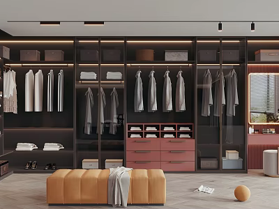 Modern Walk-in Closet Interior With Hanging Clothes Cabinets Drawers And Orange Bench Mirror 3d model