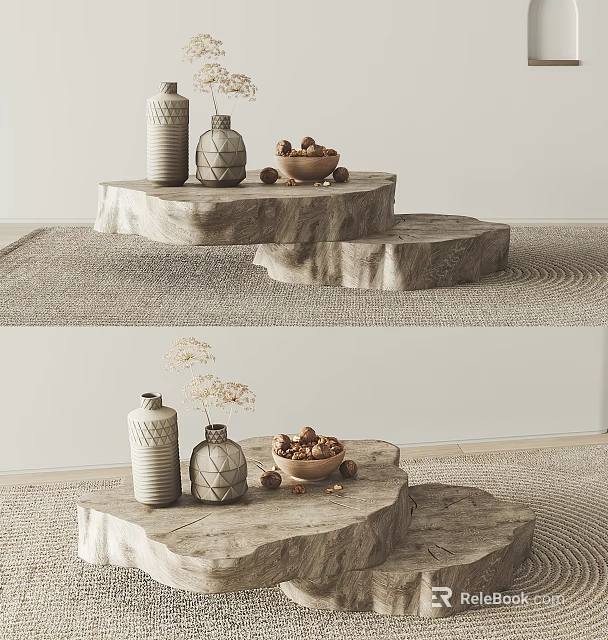 Natural Stone Tiered Coffee Table With Vases Walnut Bowl And Dried Flowers In Minimalist Interior 3d model 