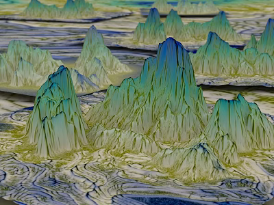 Dreamy Fantasy Landscape Featuring Jagged Mountain Peaks in Blue Green Tones and Winding Rivers 3d model