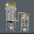 Industrial Dust Collector Machinery With Yellow Railings Connected Pipes And Collection Bins