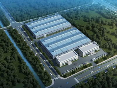 Modern Large Industrial Factory With Metal Roof Green Trees Parking Lot And Roads 3d model