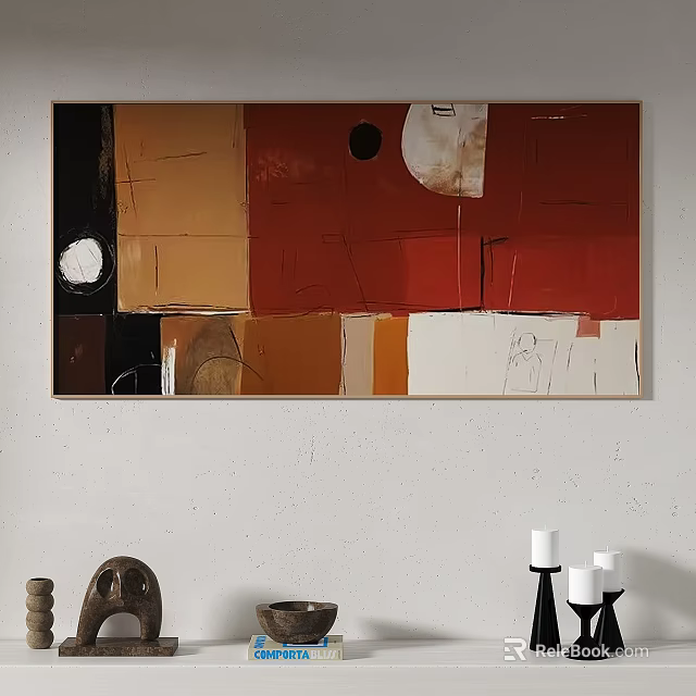 Abstract Painting With Red Orange Beige Black Tones And Geometric Shapes On Wall 3d model 