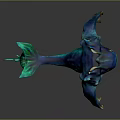 3D Rendering of Mythical Aquatic Creature With Blue Green Skin Spikes Fins and Yellow Eyes