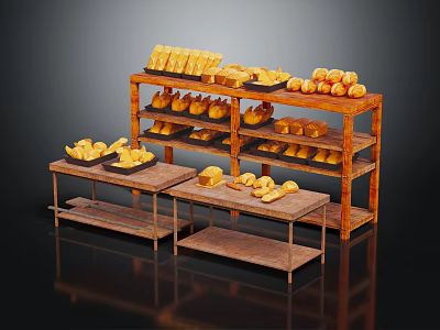 Fresh Bread and Pastries Displayed on Multiple Layer Wooden Shelves 3d model
