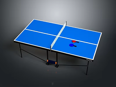 Portable Blue Ping Pong Table with White Net Red Blue Rackets and Black Frame 3d model