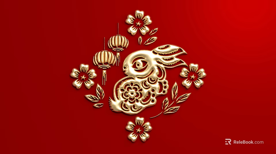 Red Background Wall with Golden Rabbit Paper Cut Flower and Lantern Decorations 3d model 