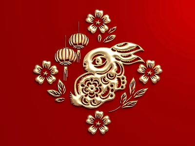 Red Background Wall with Golden Rabbit Paper Cut Flower and Lantern Decorations 3d model