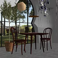 Elegant Dining Table Set With Wooden Chairs Large Window And Olive Tree Decor