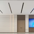 Modern Service Hall Interior With Digital Screen Elevator And Wooden Wall Panels 3d model
