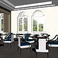 Modern Restaurant Interior With Arched Windows Tables Chairs And Chandeliers