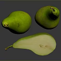 Fresh Ripe Green Pears Whole And Sliced On Dark Reflective Surface