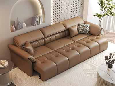 Brown Leather Multi Seat Sofa Living Room With Cushions Arched Shelf Plant And Wooden Floor 3d model