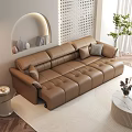 Brown Leather Multi Seat Sofa Living Room With Cushions Arched Shelf Plant And Wooden Floor