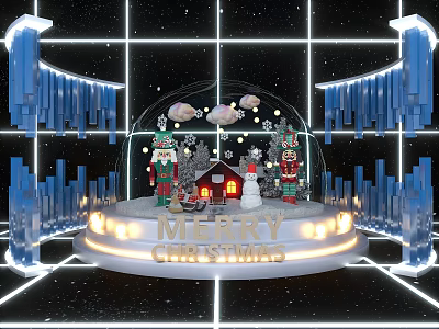 Christmas Photo Spot With Transparent Snow Globe Merry Christmas Sign Small House Tree And Snowman 3d model
