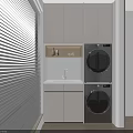 Modern Bathroom Cabinetry with White Cabinets Sink Washing Machine Dryer and Window Blinds